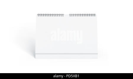 Blank white calendar mock up front view, isolated, 3d rendering. Empty desk calendar mockup with metal spirals. Clear table calender template. Landscape horizontal almanac Stock Photo