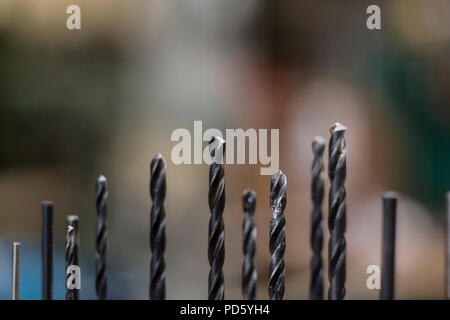 Used drill bit selection collection in a metal and steel processing factory work shop Stock Photo