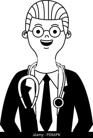 Male doctor with stethoscope cartoon in black and white vector ...