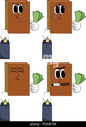 Books boss with suitcase or bag holding or showing money bills. Cartoon book collection with angry and sad faces. Expressions vector set. Stock Vector