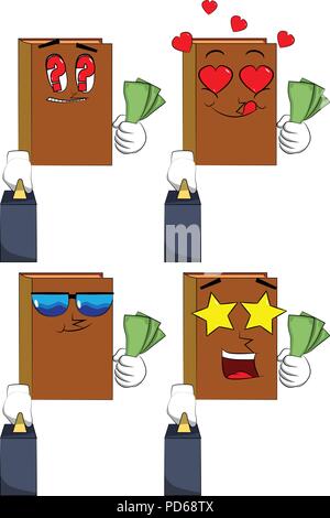 Books boss with suitcase or bag holding or showing money bills. Cartoon book collection with various faces. Expressions vector set. Stock Vector