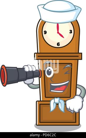 Sailor with binocular grandfather clock mascot cartoon Stock Vector
