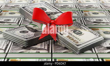 100 dollar money bills with red ribbon. Business and success concept. 3D illustration. Stock Photo
