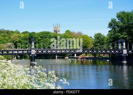 View of the Ferry Bridge also known as the Stapenhill Ferry Bridge and the River Trent with cow parsley in the foreground, Burton upon Trent, Stafford Stock Photo