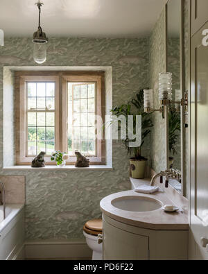 Frog statues on windowsill with mirror over sink. Stock Photo