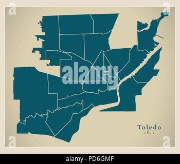 Modern City Map - Toledo Ohio city of the USA with neighborhoods Stock Vector