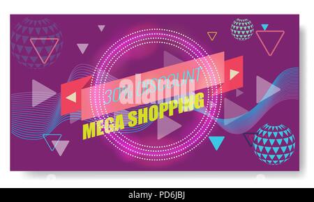 Vector Creative Abstract Memphis Banner or poster template layout. Bright arrow, ribbon and other Elements. Purple color. Stock Vector