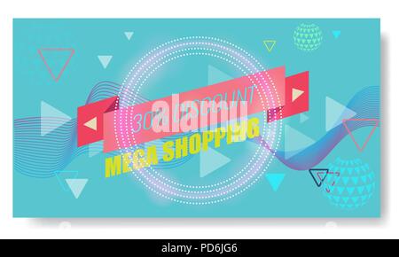 Vector Creative Abstract Memphis Banner or poster template layout. Bright arrow, ribbon and other Elements. Turquoise color. Stock Vector