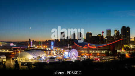 Calgary, Alberta. July 16, 2018. A view of the Stampede Grounds and the downtown core of Calgary on the final night of the Calgary Stampede Stock Photo