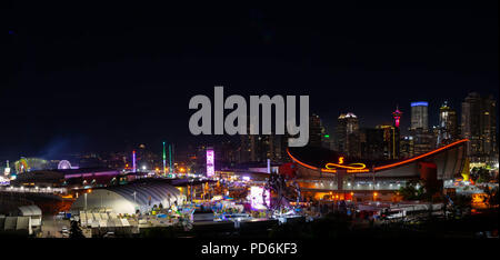 Calgary, Alberta. July 16, 2018. A view of the Stampede Grounds and the downtown core of Calgary on the final night of the Calgary Stampede Stock Photo