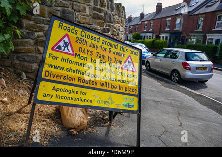 Sign for road closures, resurfacing, Amey, Street scene, Sheffield, South Yorkshire, England, UK Stock Photo