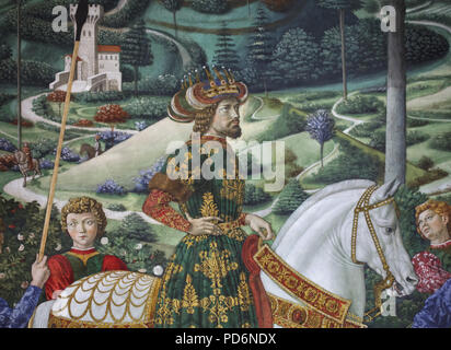 Byzantine Emperor John VIII Palaiologos on horseback depicted as Balthazar the Magus in the mural by Italian Renaissance painter Benozzo Gozzoli in the Magi Chapel in the Palazzo Medici Riccardi in Florence, Tuscany, Italy. Stock Photo