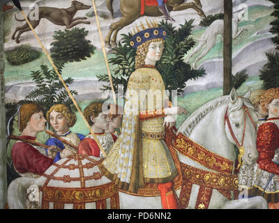 Lorenzo de' Medici also known as Lorenzo the Magnificent on horseback depicted as Caspar the Magus in the mural by Italian Renaissance painter Benozzo Gozzoli in the Magi Chapel in the Palazzo Medici Riccardi in Florence, Tuscany, Italy. Stock Photo