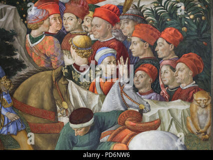 Self-portrait of Italian Renaissance painter Benozzo Gozzoli (in the white and blue hat in the centre) depicted in the mural by Benozzo Gozzoli in the Magi Chapel in the Palazzo Medici Riccardi in Florence, Tuscany, Italy. Stock Photo