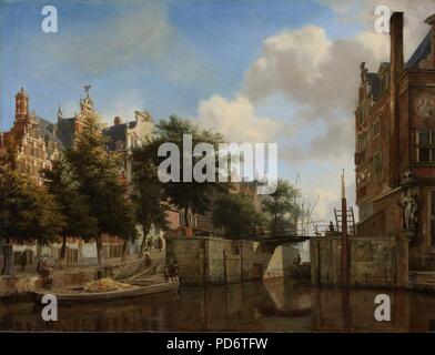 Amsterdams stadsgezicht met huizen aan de Herengracht en de oude Haarlemmersluis Stock Photo