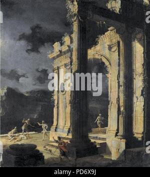 An architectural capriccio with figures amongst ruins under a stormy night sky, oil on canvas painting by Leonardo Coccorante. Stock Photo