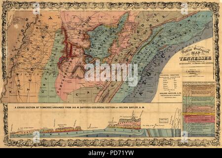 An outline geological map of Tennessee, including portions of Mississippi, Alabama, and Georgia. Stock Photo