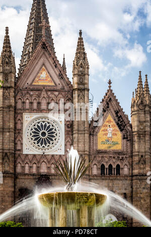 Fountain and facade of the Expiatorio Temple in Guadalajara, Jalisco, Mexico. Stock Photo