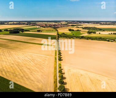 Aerial view from a straight dirt road, which is designed as an avenue with a row of trees, to a village on the horizon. Stock Photo