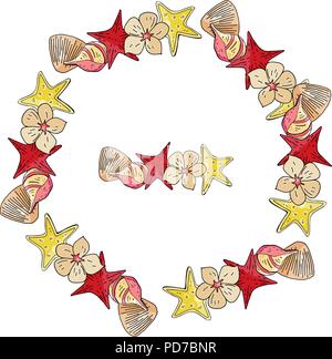 Summer wreath of sea stars and seashells on a white background Stock Vector