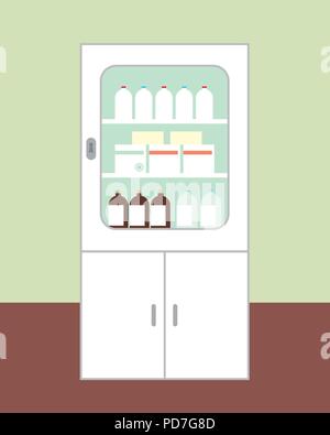 White cabinet for medicines intended for first aid with the door closed, with glasses, boxes and bottles on brown floor green wall on background - vec Stock Vector