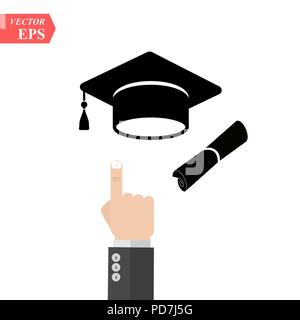 graduation cap and diploma black web icon. vector illustration. A hand pointing to graduation cap icon. Stock Vector