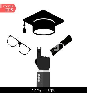 graduation cap and diploma black web icon. vector illustration. A hand pointing to graduation cap icon. Stock Vector