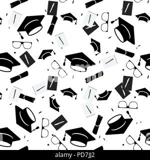 Graduation cap and diploma scroll seamless background. Higher education celebration anniversary symbol pattern. Black and white texture backdrop. Vector outline illustration Stock Vector