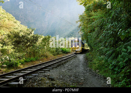 Approaching train: Peru Rail to Aguas Calientes (the nearest town to visit the Inca ruins of Machu Picchu). Urubamba River Valley, Peru. Jun 2018 Stock Photo