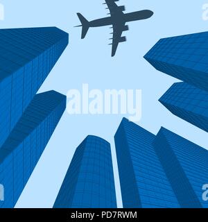 Advertising of travel. City landscape. Plane over modern city. illustration Stock Vector