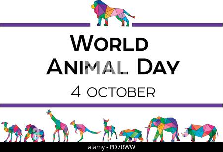 Vector illustration for the World Animal Day on October 4. Polygonal animals. An elephant, a rhinoceros, a camel, a giraffe, a kangaroo, a roe deer, a gorilla, a bear. Stock Vector