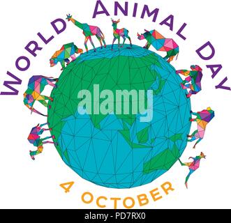 Vector illustration for the World Animal Day on October 4. Polygonal animals on the globe. An elephant, a rhinoceros, a camel, a giraffe, a kangaroo, a roe deer, a gorilla, a bear. Stock Vector