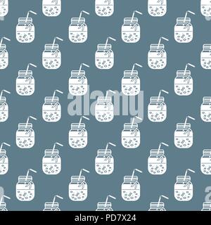 Seamless pattern with smoothie in jars and tubes. Healthy eating habits. Easy cooking process. Stock Vector