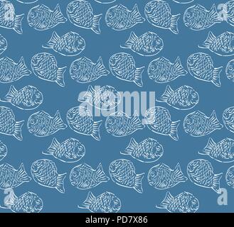 Japanese snack pattern vector. Blue fish shape cake background. Stock Vector