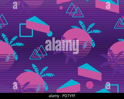 Memphis seamless pattern with palm tree. Geometric elements memphis in the style of 80s. Synthwave futuristic background. Retrowave. Vector illustrati Stock Vector