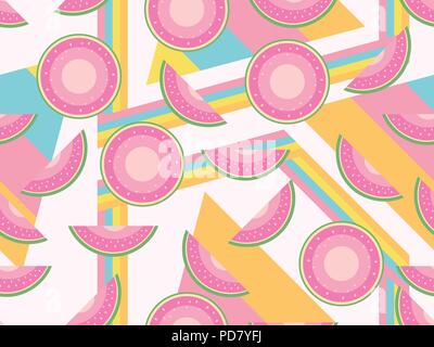 Memphis with watermelons seamless pattern. Pastel colors. Vector illustration Stock Vector