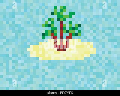Pixel island with palm tree. 8 bit background landscape. Vector illustration Stock Vector