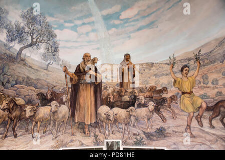 Bethlehem May 20  2018: Mural in the  Franciscan Church of the Shepherds' Field near Bethlehem, of the shepherds rejoicing when the angels told them o Stock Photo