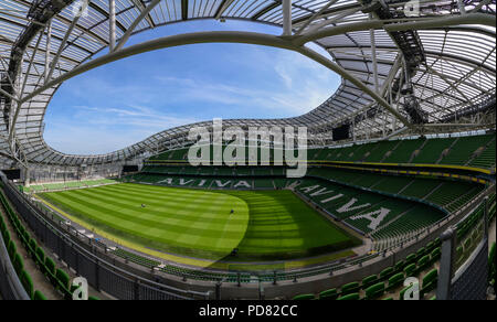 Wide angle panoramic image of the Aviva Stadium showing the full ellipse shape of the wave of the roof Stock Photo