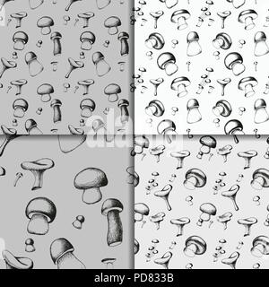 Hand drawn seamless pattern set with mushrooms. Stock Vector