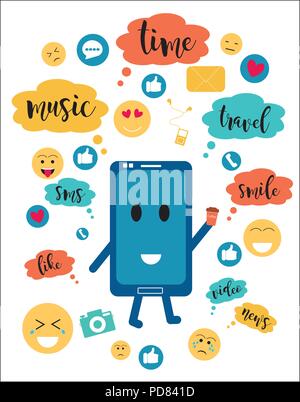 Flat cartoon style, vector colorful illustration. Communication through a smartphone - the Internet, the concept of communication, social networks, chat, video, news, acquaintance, messages, website. Stock Vector