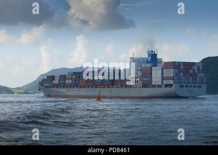 WAN HAI LINES Container Ship, WAN HAI 501, Entering The Busy East Lamma Channel As She Leaves Victoria Harbour, Hong Kong, China. Stock Photo