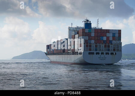 WAN HAI LINES Container Ship, WAN HAI 501, Entering The Busy East Lamma Channel As She Leaves Victoria Harbour, Hong Kong, China Stock Photo