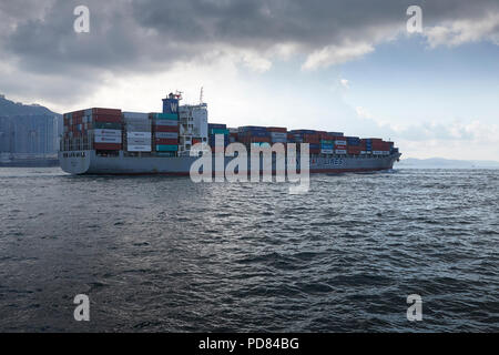 WAN HAI LINES Container Ship, WAN HAI 501, Entering The Busy East Lamma Channel As She Leaves Victoria Harbour, Hong Kong, China Stock Photo