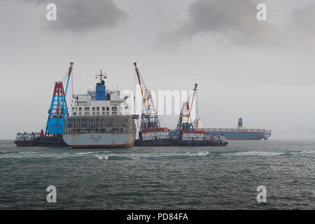 WAN HAI LINES Container Ship, WAN HAI 303, Unloading Shipping Containers In A Mid-Stream Operation, Off Victoria Harbour, Hong Kong. Stock Photo