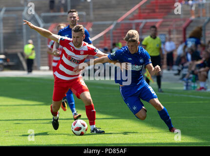 Nils Miatke (FSV Zwickau) and Marco Thiede (KSC) in duels. GES/sport/3rd league: Karlsruher SC - FSV Zwickau, 04.08.2018 Football/Soccer: 3rd league: KSC vs Zwickau, Karlsruhe, August 4, 2018 | usage worldwide Stock Photo