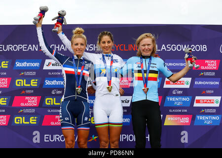 Glasgow, UK. 7th August 2018. The winners of the Women's Cross Country Mountain bike race, held over the track at Cathkin Braes on the south side of Glasgow were Jolanda NEFF (Switzerland), in second place was Pauline Ferrand PREVOT (France) and in third place was Githa MICHIELS (Belgium) Credit: Findlay/Alamy Live News Stock Photo