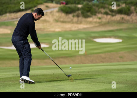 Gleneagles, Scotland, UK; 7 August, 2018.  Practice day at Gleneagles for the European Championships 2018. Lee Slattery approach shot Credit: Iain Masterton/Alamy Live News Stock Photo