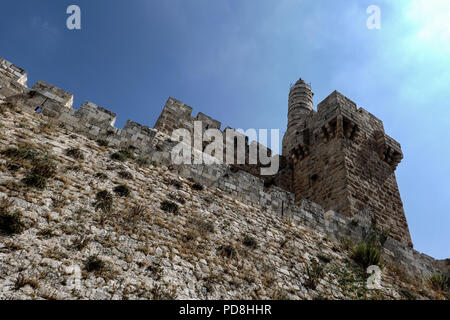 Jerusalem, Israel. 8th August, 2018. The early Muslim Period (638-1099 CE) round tower at the Jerusalem Citadel, known as the Tower of David, built by Herod and named the Tower of Petzael after Herod's brother, has in many senses become a symbol of Jerusalem. Credit: Nir Alon/Alamy Live News Stock Photo