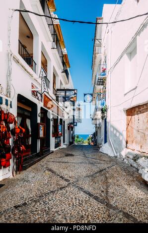 Touristic shops in the historical centre of Peniscola, Castellon, Spain, a famous medieval hilltop town, which is also a famous setting for films Stock Photo